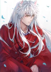 Rule 34 | 1boy, animal ears, artist name, bead necklace, beads, demon boy, dog ears, falling petals, hair between eyes, hakama, highres, inuyasha, inuyasha (character), japanese clothes, jewelry, kimono, long hair, long sleeves, looking to the side, male focus, necklace, ningyo, orange eyes, own hands together, petals, red hakama, red kimono, sidelocks, slit pupils, solo, white background, white hair