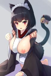 Rule 34 | 1girl, absurdres, all fours, animal ear fluff, animal ears, azur lane, bell, black hair, black kimono, blurry, blush, breasts, breasts out, cat ears, cat tail, commentary request, depth of field, fang, grey background, highres, japanese clothes, kimono, large breasts, looking at viewer, maid headdress, nipples, paw pose, red eyes, siro hinata, skin fang, smile, solo, tail, tail bell, tail ornament, thick eyebrows, yamashiro (azur lane), yamashiro (sales clerk offensive?!) (azur lane)