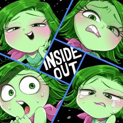 Rule 34 | blush, colored skin, disgust (inside out), disney, green eyes, green hair, green skin, inside out, lips, pixar, scarf, sweat, tears