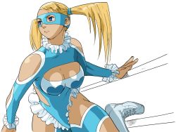 Rule 34 | 1990s (style), 1girl, bare shoulders, bengus, blonde hair, blue eyes, boots, breasts, capcom, cleavage, female focus, heart, highres, large breasts, mask, official art, rainbow mika, short twintails, solo, street fighter, street fighter zero (series), twintails, white background, wrestler