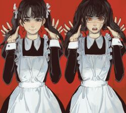 Rule 34 | 2girls, alternate costume, apron, black dress, black eyes, black hair, chainsaw man, cross scar, dress, enmaided, facial scar, hands up, highres, long hair, looking at viewer, maid, maid apron, mitaka asa, mossacannibalis, multiple girls, open mouth, orange eyes, red background, ringed eyes, scar, scar on cheek, scar on face, scar on nose, smile, twintails, white apron, yoru (chainsaw man)