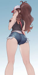 Rule 34 | 1girl, ass, bare shoulders, baseball cap, blue background, blue eyes, blush, brown hair, cheshirrr, commentary, creatures (company), denim, denim shorts, from behind, from below, game freak, hat, high ponytail, highres, hilda (pokemon), long hair, looking at viewer, nintendo, pokemon, pokemon bw, ponytail, short shorts, shorts, simple background, solo, wristband