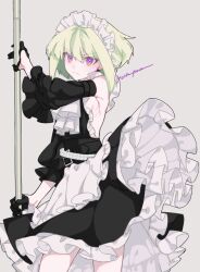Rule 34 | 1boy, alternate costume, apron, armpits, ascot, belt, black dress, black gloves, blonde hair, crossdressing, detached sleeves, dress, earrings, gloves, grey background, half gloves, holding, holding pole, jewelry, lio fotia, maid, maid apron, maid headdress, male focus, pole, promare, puffy detached sleeves, puffy sleeves, purple eyes, short hair, simple background, solo, standing, trap, triangle earrings, white ascot, white belt, wind, yon prmr