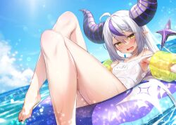 Rule 34 | 1girl, ahoge, barefoot, black nails, blue sky, blush, braid, breasts, commentary, day, demon girl, demon horns, fang, feet, foot out of frame, grey hair, hair between eyes, highres, hololive, horns, innertube, la+ darknesss, legs, long hair, looking at viewer, mafuyun, multicolored hair, nail polish, on innertube, one-piece swimsuit, open mouth, outdoors, pointy ears, purple hair, school swimsuit, sidelocks, skin fang, sky, small breasts, solo, streaked hair, striped horns, swim ring, swimsuit, symbol-only commentary, toenails, toes, virtual youtuber, water, wet, white one-piece swimsuit, yellow eyes