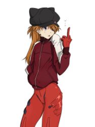Rule 34 | 1girl, adjusting clothes, adjusting headwear, blue eyes, bodysuit, bodysuit under clothes, brown hair, evangelion: 3.0 you can (not) redo, eyepatch, hand in pocket, haruhisky, hat, hat ornament, highres, jacket, legs, long hair, looking to the side, middle finger, neon genesis evangelion, plugsuit, rebuild of evangelion, red bodysuit, red jacket, solo, souryuu asuka langley, thighs, tongue, tongue out, translation request, white background