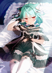 Rule 34 | animal ear fluff, animal ears, bare shoulders, bed sheet, black dress, black ribbon, blush, bow, cat ears, colored tips, commentary request, dress, ear ribbon, frilled dress, frilled pillow, frilled thighhighs, frills, garter straps, green hair, green nails, hand up, highres, hololive, looking at viewer, lying, multicolored hair, nail polish, off-shoulder dress, off shoulder, on back, parted lips, pillow, red eyes, ribbon, segawa luna, signature, solo, thighhighs, uruha rushia, uruha rushia (3rd costume), virtual youtuber, white thighhighs, wrist cuffs