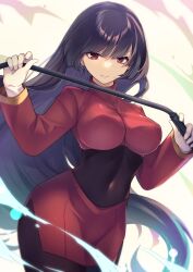 Rule 34 | 1girl, black bodysuit, black hair, bodysuit, breasts, brown eyes, closed mouth, commentary request, covered navel, cowboy shot, creatures (company), cropped jacket, curvy, game freak, hands up, highres, holding, jacket, large breasts, long hair, long sleeves, looking at viewer, nana (kanaonet7), nintendo, pokemon, pokemon frlg, red jacket, red skirt, sabrina (pokemon), side slit, skirt, smile, solo, turtleneck, turtleneck jacket, wide hips