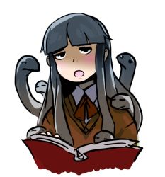 Rule 34 | 1girl, black eyes, blunt bangs, blush, book, dan kim, jitome, living hair, open mouth, shaded face, silver hair, simple background, snake hair, solo, sweater, tentacle hair, upper body, white background
