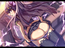 Rule 34 | 1girl, ass, benghuai xueyuan, bow, electricity, hair bow, holding, honkai (series), honkai impact 3rd, lao meng, letterboxed, long hair, looking at viewer, looking back, open mouth, panties, pink panties, ponytail, purple eyes, purple hair, purple shirt, purple skirt, purple thighhighs, raiden mei, school uniform, shirt, short sleeves, skirt, solo, thighhighs, underwear