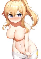 Rule 34 | 1girl, absurdres, bad id, bad pixiv id, bare shoulders, blonde hair, blue eyes, blush, breasts, cleavage, clothes pull, collarbone, embarrassed, genshin impact, hair between eyes, heart, heart-shaped pupils, highres, jean (genshin impact), kuse (0201), large breasts, looking at viewer, navel, nipples, nose blush, nude, pantyhose, pantyhose pull, ponytail, pussy, removing legwear, simple background, symbol-shaped pupils, white background