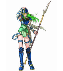 Rule 34 | 1girl, armor, fire emblem, green eyes, green hair, matching hair/eyes, nephenee, official art, polearm, simple background, solo, spear, weapon