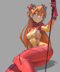 Rule 34 | 1girl, arm up, ass, blue eyes, bodysuit, breasts, evangelion: 2.0 you can (not) advance, grey background, highres, holding, holding polearm, holding weapon, interface headset, lance of longinus (evangelion), long hair, multicolored bodysuit, multicolored clothes, neon genesis evangelion, orange bodysuit, orange hair, payinky, plugsuit, polearm, rebuild of evangelion, red bodysuit, sideways glance, sitting, skin tight, small breasts, solo, souryuu asuka langley, test plugsuit, weapon