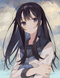 Rule 34 | 1girl, absurdres, black eyes, black hair, black sailor collar, blue neckerchief, blue sky, blush, closed mouth, cloud, cloudy sky, commentary request, commission, crying, crying with eyes open, day, highres, long hair, long sleeves, looking at viewer, minasenagi, neckerchief, original, outdoors, overcast, pixiv commission, sailor collar, school uniform, serafuku, shirt, sky, smile, solo, tears, upper body, very long hair, white shirt