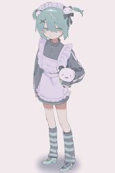 Rule 34 | 1girl, apron, blue eyes, blue footwear, blue hair, blue jacket, blush, closed mouth, commentary, frilled apron, frills, full body, grey background, hair between eyes, hair ornament, hair ribbon, highres, holding, holding stuffed toy, jacket, jersey maid, long sleeves, looking at viewer, loose socks, maid, maid headdress, nial, original, panda hair ornament, ribbon, short hair, socks, solo, standing, striped clothes, striped socks, stuffed animal, stuffed panda, stuffed toy, symbol-only commentary, track jacket, two side up, unconventional maid, white apron, x hair ornament