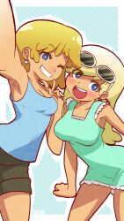 2girls blonde_hair blue_eyes breasts dress earrings eyewear_on_head green_dress jewelry leni_loud long_hair lori_loud makeup mike_inel multiple_girls open_mouth short_hair siblings sisters smile sunglasses the_loud_house third-party_source