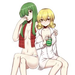 Rule 34 | 2girls, ass, blonde hair, blush, breasts, buttons, can, cigarette, cleavage, collar, collarbone, crossed legs, curly hair, dress shirt, drink can, elly (touhou), green eyes, green hair, hair over one eye, hand on another&#039;s shoulder, highres, japanese text, kazami yuuka, kazami yuuka (pc-98), large breasts, light smile, long hair, matching hair/eyes, medium breasts, multiple girls, no headwear, open clothes, panties, plaid, plaid vest, shirt, short hair, sitting, smoking, soda can, toaruroku, touhou, touhou (pc-98), underwear, vest, white panties, white shirt, yellow eyes