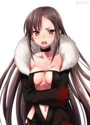 Rule 34 | 1girl, arm strap, black dress, black gloves, black jacket, blush, breasts, brown hair, center opening, choker, cleavage, collarbone, cropped jacket, crossed arms, dress, earrings, elbow gloves, fate/grand order, fate (series), fur-trimmed jacket, fur trim, gloves, jacket, jewelry, long hair, looking at viewer, medium breasts, multiple earrings, navel, open clothes, open jacket, open mouth, red eyes, ribbon-trimmed dress, seeds328, simple background, solo, very long hair, white background, yu mei-ren (fate)
