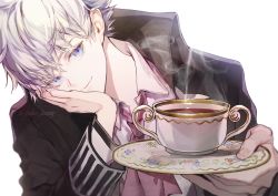 Rule 34 | 1boy, black coat, blue eyes, charles-henri sanson (fate), cheek rest, closed mouth, coat, collared shirt, cup, fate/grand order, fate (series), hair between eyes, hand up, highres, holding, holding plate, koshika rina, long sleeves, looking at viewer, male focus, pink neckwear, plate, shirt, short hair, simple background, smile, solo, steam, tea, teacup, twitter username, upper body, white background, white hair, white shirt