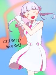 Rule 34 | 1girl, absurdres, arashi chisato, artist name, artist request, blush, breasts, closed eyes, collared dress, double bun, dress, female focus, floating hair, hair bun, hair tie, highres, long hair, looking at viewer, love live!, love live! superstar!!, miniskirt, musical note, necktie, parted lips, pink necktie, plaid, plaid dress, plaid skirt, pleated, pleated dress, pleated skirt, skirt, sleeveless, sleeveless dress, smile, solo, star (symbol), wavy hair, white dress, white hair, white skirt, white wrist cuffs, wrist cuffs