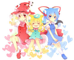 Rule 34 | 3girls, animal ears, bad id, bad pixiv id, barefoot, bat wings, blonde hair, blue eyes, blue hair, bow, cat ears, conchiel monyanizumu, hair bow, hair ornament, hair ribbon, hands on headwear, hat, heart, heart background, kyuuri ponpon toto rozanna, moca cofi, multiple girls, outstretched arms, pout, red eyes, ribbon, short hair, sitting, spread arms, towelket wo mou ichido, twintails, uguisu mochi (ykss35), white hair, wings, witch hat