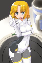 Rule 34 | 10s, 1girl, :o, arnval, bad id, bad pixiv id, blonde hair, blue eyes, blush, bodysuit, breasts, busou shinki, covered navel, cup, dd (ijigendd), doll joints, index finger raised, joints, looking up, mini person, minigirl, short hair, solo