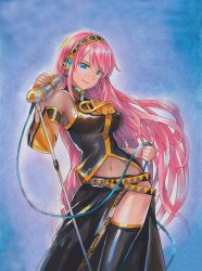 Rule 34 | 1girl, black footwear, black skirt, blue background, blue eyes, boots, breasts, cowboy shot, floating hair, hairband, headphones, headset, highres, holding, holding microphone, large breasts, leaning forward, long hair, long skirt, looking at viewer, marker (medium), mayo riyo, megurine luka, microphone, microphone stand, midriff, navel, pink hair, see-through, shiny clothes, side slit, sideboob, skirt, smile, solo, standing, stomach, thigh boots, thighhighs, traditional media, very long hair, vocaloid