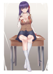 Rule 34 | 1girl, absurdres, black skirt, blush, breasts, brown vest, cleavage, commentary, desk, fate/stay night, fate (series), hair between eyes, hair ribbon, hand on own chest, heart, heart-shaped pupils, heaven&#039;s feel, highres, homurahara academy school uniform, jiliang jiying yumao, kneehighs, large breasts, long hair, long sleeves, looking at viewer, matou sakura, on desk, partially unbuttoned, purple eyes, purple hair, ribbon, school uniform, shirt, sitting, on desk, skirt, smile, socks, symbol-shaped pupils, vest, white shirt, white socks