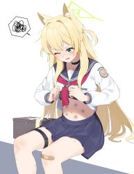 Rule 34 | 1girl, ;o, absurdres, animal ear fluff, animal ears, ao12073010, bandaid, bandaid on knee, bandaid on leg, belt, black choker, black skirt, blonde hair, blue archive, bruise, choker, clothes lift, collarbone, commentary request, first aid kit, fox ears, fox girl, green eyes, hair between eyes, halo, highres, injury, kurumi (blue archive), lifting own clothes, long hair, long sleeves, one eye closed, pain, pleated skirt, school uniform, serafuku, shirt lift, sidelocks, simple background, sitting, skirt, solo, spoken squiggle, squiggle, thigh belt, thigh strap, two side up, white background
