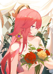 Rule 34 | 1girl, absurdres, commentary, earrings, floppy ears, flower, flower censor, genshin impact, highres, holding, holding flower, jewelry, long hair, nude, parted lips, pink hair, purple eyes, red flower, red rose, rose, solo, upper body, very long hair, yae miko, ye daidai, yellow flower, yellow rose