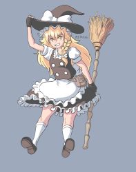 Rule 34 | 1girl, apron, black skirt, blonde hair, bow, braid, breasts, broom, dated, fingerless gloves, frilled skirt, frills, gloves, hair bow, hat, kirisame marisa, profitshame, puffy short sleeves, puffy sleeves, shoes, short sleeves, side braid, skirt, small breasts, smile, socks, solo, touhou, waist apron, witch hat, yellow eyes