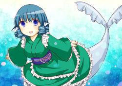Rule 34 | 1girl, :d, blue eyes, blue hair, blush, drill hair, fins, frilled kimono, frills, head fins, japanese clothes, kimono, looking at viewer, matching hair/eyes, mermaid, monster girl, obi, open mouth, puchimirin, sash, smile, solo, fish tail, touhou, wakasagihime