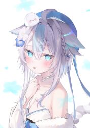 Rule 34 | 1girl, ahoge, animal, animal ears, animal on head, beret, bird, bird on head, blue eyes, blue hat, blush, breasts, cleavage, commission, grey hair, hakua aa, hat, highres, indie virtual youtuber, looking at viewer, medium breasts, on head, short hair with long locks, skeb commission, solo, tongue, tongue out, urameshi conta, virtual youtuber