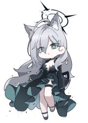 Rule 34 | 1girl, ahoge, animal ear fluff, animal ears, assault rifle, black dress, black footwear, black gloves, blue archive, breasts, chibi, cleavage, commentary request, dress, eyes visible through hair, full body, gloves, green eyes, grey hair, hair between eyes, halo, juliet sleeves, long hair, long sleeves, looking at viewer, medium breasts, nyaru (nyaru 4126), parted lips, puffy sleeves, shiroko (blue archive), shiroko terror (blue archive), shoes, sig sauer 556, simple background, solo, standing, standing on one leg, thigh strap, very long hair, white background, wide sleeves