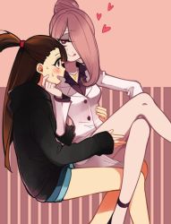 Rule 34 | 10s, 2girls, :d, aged up, alternate costume, alternate hairstyle, bare legs, blush, brown eyes, brown hair, casual, formal, from side, hair bun, hair over one eye, hand on own thigh, hand on thigh, hood, hooded jacket, jacket, kagari atsuko, leila (yurisouls), little witch academia, long hair, miniskirt, multiple girls, open mouth, p:, red eyes, short shorts, shorts, single hair bun, skirt, skirt suit, smile, sucy manbavaran, suit, tongue, yuri