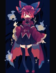 Rule 34 | 1girl, alternate costume, black bow, black skirt, black thighhighs, bow, cape, commentary, corset, covered mouth, full body, gold trim, hair between eyes, highres, long sleeves, looking at viewer, nikorashi-ka, red cape, red corset, red eyes, red footwear, red hair, sekibanki, shoes, short hair, skirt, solo, thighhighs, touhou, wide sleeves