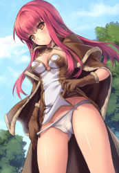 Rule 34 | 1girl, aruma jiki, blush, breasts, brown eyes, cameltoe, cape, capelet, cleavage, clothes lift, dress, dress lift, gloves, groin, high wizard (ragnarok online), long hair, looking at viewer, panties, panty pull, ragnarok online, red hair, skirt, skirt lift, solo, underwear, undressing, white panties
