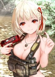Rule 34 | 1girl, ammunition pouch, blonde hair, breasts, buckle, bullet, chest rig, cleavage, clogs, commentary request, day, dot nose, gibun (sozoshu), gun, hair ribbon, handgun, highres, holding, holding bullet, holding gun, holding weapon, jewelry, large breasts, looking at viewer, lycoris recoil, m1911, magazine (weapon), military, nishikigi chisato, one side up, outdoors, pendant, pouch, radio, red eyes, revision, ribbon, river, short hair, smile, snap-fit buckle, solo, sunlight, trigger discipline, upper body, vest, water, weapon, wet