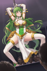 Rule 34 | 1girl, arms behind head, arms up, commission, elbow gloves, faceless, faceless male, fire emblem, fire emblem: mystery of the emblem, fire emblem echoes: shadows of valentia, fire emblem heroes, fuooooo, gloves, green eyes, green hair, highres, holding, holding pole, long hair, nintendo, paid reward available, palla (fire emblem), pelvic curtain, pole, pole dancing, skeb commission, squatting, stripper pole, thighhighs, thighs, very long hair, white gloves, white thighhighs