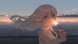 Rule 34 | 1girl, blurry, fireworks, guazi, hair blowing, highres, long hair, original, outdoors, red eyes, sky, smile, solo, sparkler, sparks, twilight, upper body, white hair