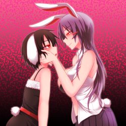Rule 34 | 2girls, age difference, animal ears, bare arms, black hair, blush, breasts, child, closed mouth, eye contact, hypnosis, inaba tewi, kuroba rapid, large breasts, long hair, looking at another, mind control, multiple girls, onee-loli, open clothes, open shirt, purple hair, purple skirt, rabbit ears, rabbit girl, rabbit tail, red eyes, reisen udongein inaba, shirt, short hair, skirt, sleeveless, sleeveless shirt, smile, tail, touhou, upper body, yuri