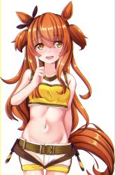 Rule 34 | 1girl, :d, absurdres, animal ears, bare arms, bare shoulders, belt, black belt, black ribbon, bow, brown hair, commentary request, cowboy shot, crop top, ear ribbon, hair between eyes, hand up, highres, horse ears, index finger raised, long hair, mayano top gun (umamusume), midriff, navel, open mouth, ribbon, shinonome halltro, shirt, short shorts, shorts, simple background, sleeveless, sleeveless shirt, smile, solo, standing, stomach, tail, two side up, umamusume, very long hair, white background, white shorts, yellow eyes, yellow shirt
