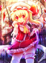 Rule 34 | 1girl, beckoning, blonde hair, bridal garter, clothes lift, dress, dress lift, embodiment of scarlet devil, fang, female focus, flandre scarlet, foreshortening, gloves, hat, outstretched hand, panties, petticoat, ponytail, red eyes, short hair, side ponytail, skirt, skirt lift, solo, taharu kousuke, thighhighs, touhou, underwear, white gloves, white panties, white thighhighs, wings, wrist cuffs