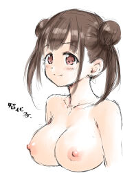 Rule 34 | 1girl, blush, breasts, brown eyes, brown hair, closed mouth, collarbone, completely nude, double bun, hair bun, hamao, highres, idolmaster, idolmaster shiny colors, large breasts, nipples, nude, simple background, smile, solo, sonoda chiyoko, translation request, twintails, upper body, white background