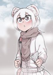 Rule 34 | 10s, 1girl, black hair, blush, brown eyes, cloud, highres, kemono friends, long hair, multicolored hair, scarf, sky, snowing, solo, stoat (kemono friends), weasel ears, weasel tail, takoongyi, teeth, triangle mouth, two-tone hair, white hair, white theme