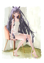 Rule 34 | 1girl, barefoot, blue eyes, chair, choker, closed mouth, dress, feet, grass, hololive, hololive english, legs, long hair, looking at viewer, nail polish, ninomae ina&#039;nis, on chair, pointy ears, purple hair, sitting, smile, solo, sydus, toenail polish, toenails, toes, very long hair, virtual youtuber, white choker, white dress