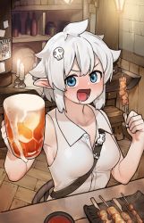 Rule 34 | 1girl, absurdres, alcohol, bad id, bad twitter id, beer, beer mug, between breasts, blue eyes, blush, breasts, candle, check copyright, collared shirt, commission, copyright request, cup, drink, food, hair ornament, highres, holding, holding drink, holding food, indoors, looking at viewer, meat, medium breasts, mug, open mouth, original, pointy ears, shelf, shirt, short hair, skewer, skull hair ornament, sleeveless, sleeveless shirt, solo, stardown95, strap between breasts, upper body, white hair, white shirt