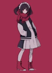 Rule 34 | 1girl, black hair, blush stickers, dress, full body, hair ribbon, hands in pockets, high tops, highres, jacket, letterman jacket, long sleeves, maco22, maid headdress, original, red background, red eyes, ribbon, scarf, shoes, smile, sneakers, solo, twintails