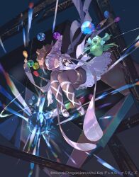 1girl :3 absurdres ballet_slippers bird black_pantyhose character_request closed_mouth copyright_notice crow crystal dress duel_masters full_body hair_horns hair_over_eyes highres long_bangs official_art pantyhose so-taro solo very_long_sidelocks white_dress