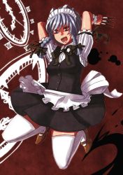Rule 34 | 1girl, bad id, bad pixiv id, braid, embodiment of scarlet devil, female focus, full body, highres, izayoi sakuya, knife, maid, maid headdress, nosuku, red eyes, short hair, silver hair, solo, thighhighs, throwing knife, touhou, twin braids, weapon, white thighhighs