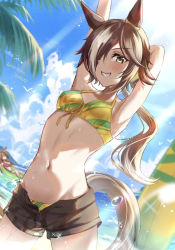 Rule 34 | 2girls, animal ears, armpits, bare arms, bare shoulders, bikini, bikini under clothes, black shorts, blue sky, blush, breasts, brown eyes, brown hair, cloud, commentary request, daiwa scarlet (trifle vacation) (umamusume), daiwa scarlet (umamusume), day, grin, hair over one eye, horse ears, horse girl, horse tail, innertube, korokoro nekoz, looking at viewer, low ponytail, multicolored hair, multiple girls, navel, open clothes, open fly, open shorts, outdoors, palm tree, ponytail, red bikini, short shorts, shorts, signature, sky, small breasts, smile, solo focus, streaked hair, surfboard, swim ring, swimsuit, tail, tree, umamusume, v-shaped eyebrows, vodka (umamusume), water, white hair, yellow bikini
